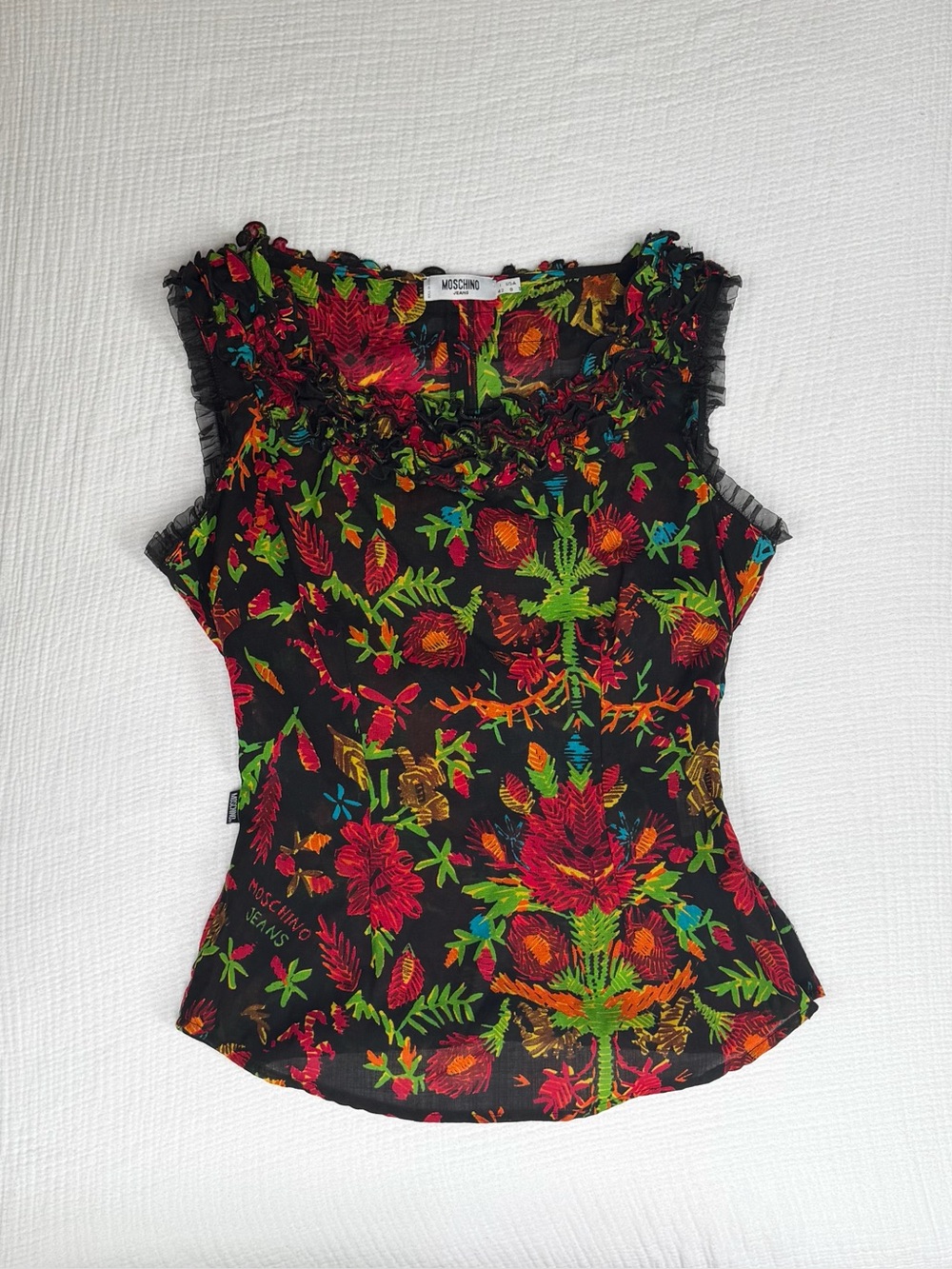 Rare Vintage Moschino Jeans Ruffle Short Sleeve Wool Floral Boatneck Blouse